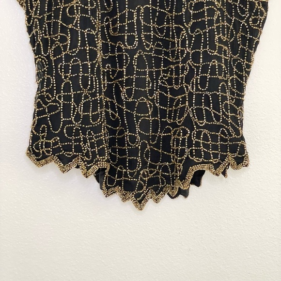 Vintage Papell Boutique Evening Beaded Silk Art Deco High Neck Top Black Gold MP - Picture 6 of 14